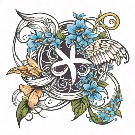 Infinity Symbol Incorporated With Angel Wings And Lilly Flower And Forget-me-not Flower
