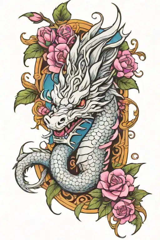 White Dragon With Pink Flowers