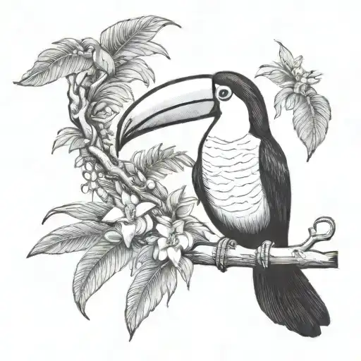 Small Toucan Tattoo With Ecuador Amazon Rainforest Tribal Scene Full Of Tree And Flowers