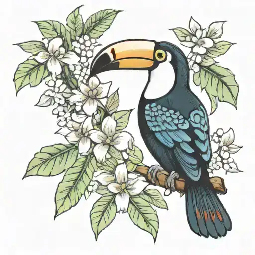 Small Toucan Tattoo With Ecuador Amazon Rainforest Tribal Scene Full Of Tree And Flowers