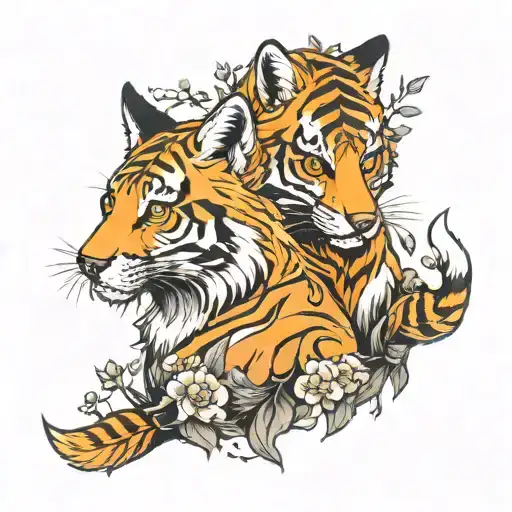 Fox And Tiger In Nature Elements Like Trees