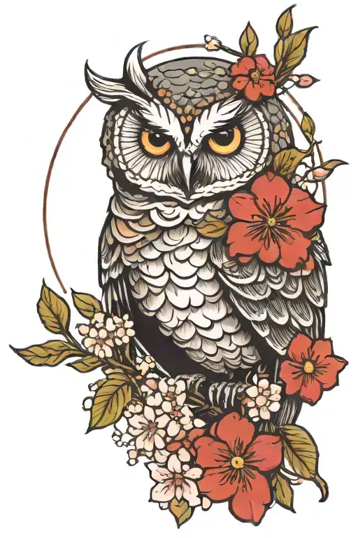 Owl With A Moon And Cherry Blossoms