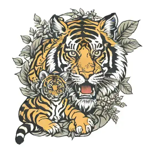 Mama And Baby Tiger In Nature Full Body