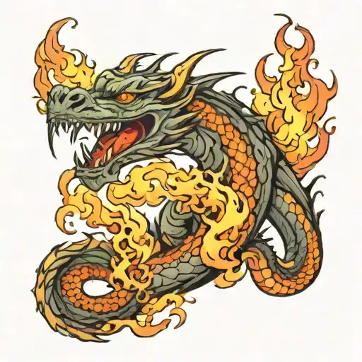 Smoke And Dragon Breathing Fire Tattoo