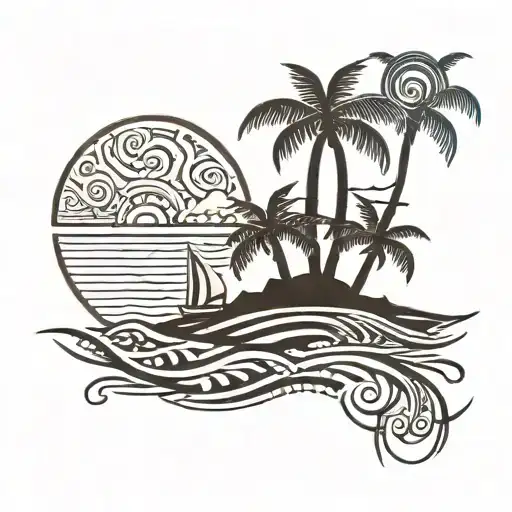 A Thick Line Tribal Tattoo With The Sea And A Small Palm Tree In The Middle