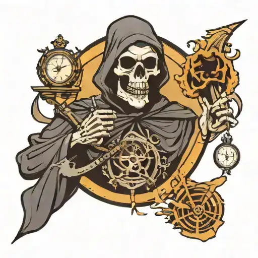 Bold Reaper With A Skull Face And A Broken Hour Glass With Sand Running Out