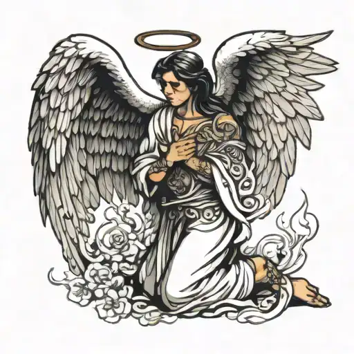 An Angel With Wings Of Fire Praying Tattoo