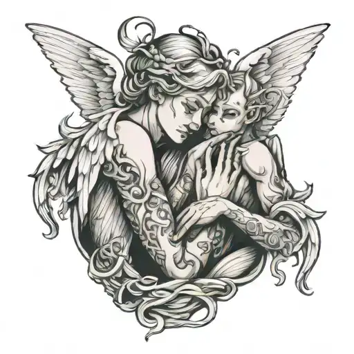 Angel Holding Devil In A Choke Hold While While Whispering A Secret Into Ear