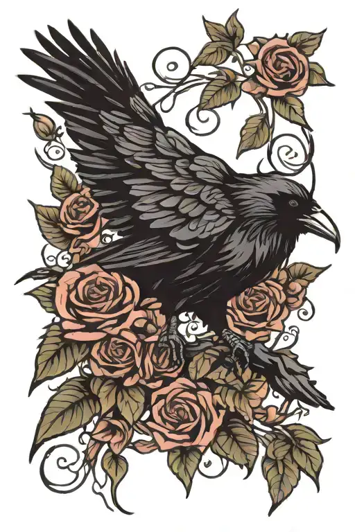 Raven And Flowers Intertwined