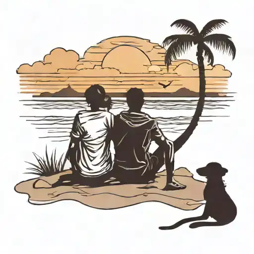 Silhouette Of Couple Sitting On Beach With Dog By Their Side