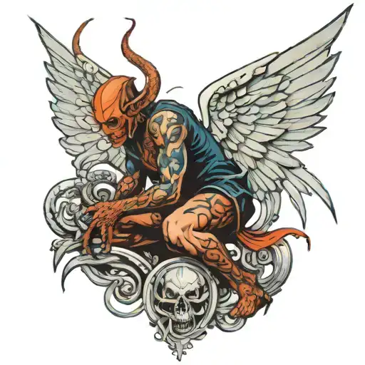 Full Back Tattoo Demon Knee Down With An Angel