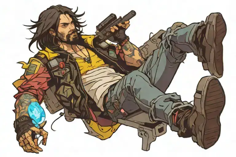 Johnny Silverhand From Game Cyberpunk 2077 Sitting On A Flying Bomb