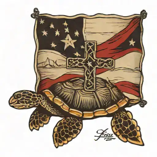 American Flag And Cross And Sea Turtle In Black And Grat
