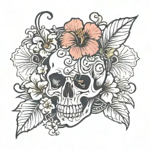 Hibiscus Flower With Vines Wrapped Around A Skull