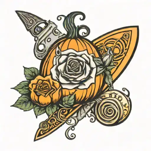 Rose Playing Card And A Chef Knife In A Pumkin Crescent Moon