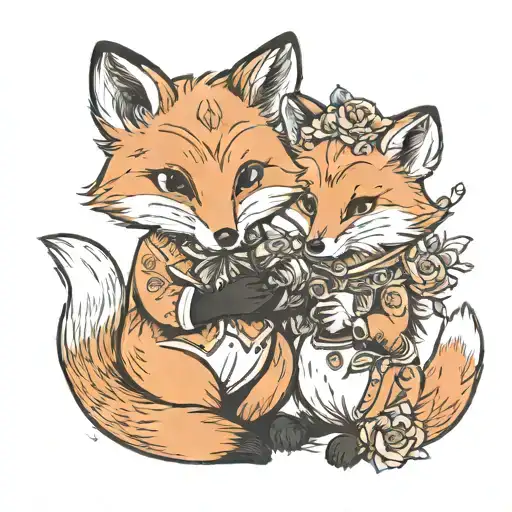 Little Cute Fox And A Little Gentle Bear Holding