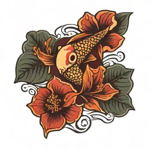 Koi Fish Swimming Around A Hibiscus Flower