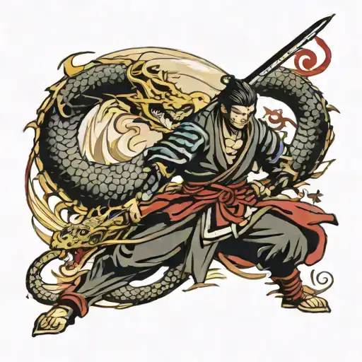 Samurai Warrior Hold A Sword With A Dragon Rising Behind Him