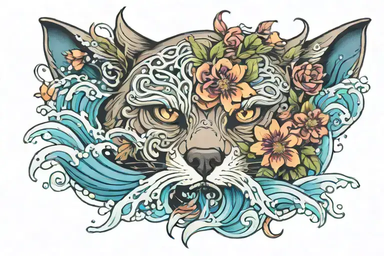 Half Skeletonised Wolve With Waves Of Water And Flowers