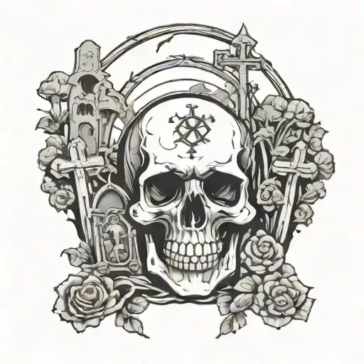 Cemetery With 10 Graves And Skull P