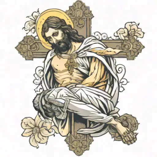 Jesus Christ On The Cross With His Mother Mary Kneeling
