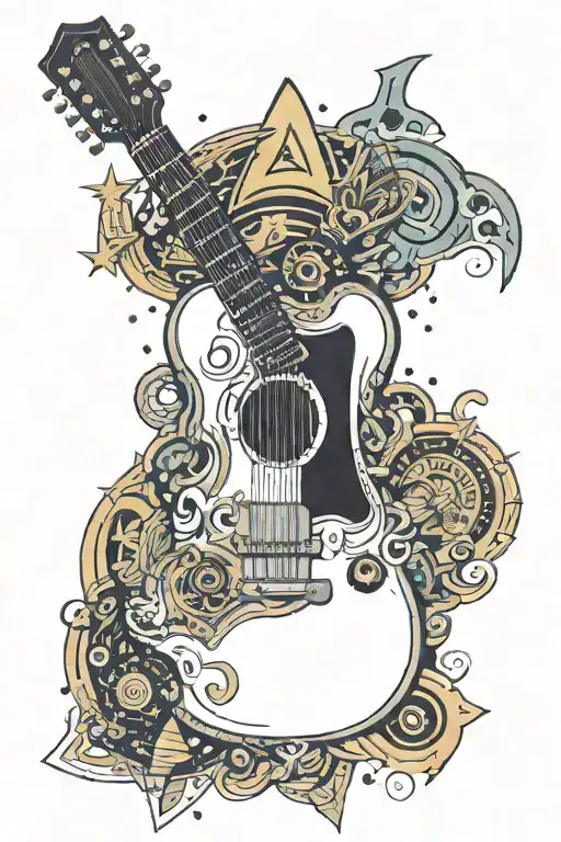 A Guitar Surrounded By A Galaxy Of Star Trek Symbols