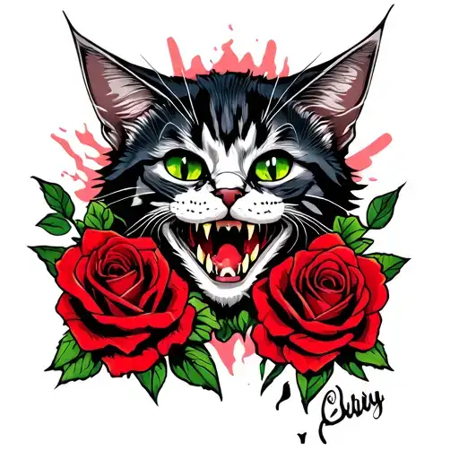 A Punk Rock Inspired Cat With Sharp Teeth Displayed And Red Roses Around It