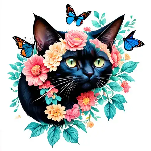 A Surreal Depiction Of A Cat Made Of Flowers With Butterflies