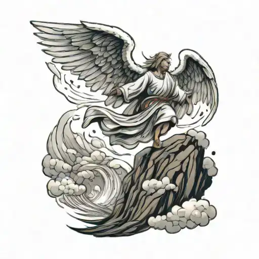 Tattoo Of An Angel Ascending A Mountain In A Storm
