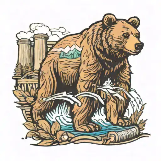 Bear Against The Backdrop Of A Hydroelectric Power Station