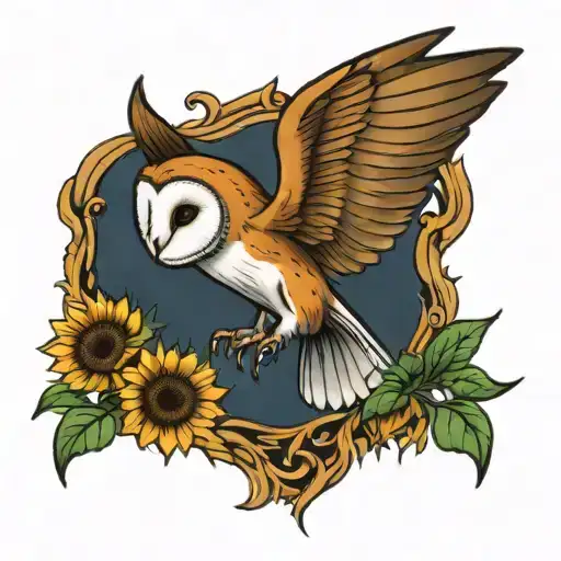 Barn Owl Flying With Sunflowers Growing