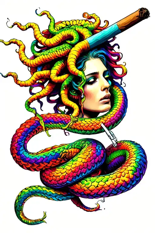 Medusa Smoking A Blunt With Rainbow Colored Snakes
