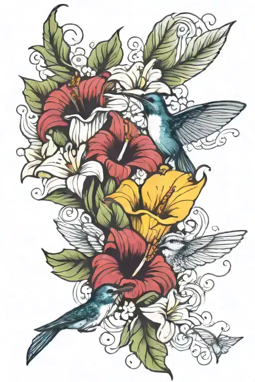 Calla Lillies Sunflowers Hibiscus Hummingbird Hovering