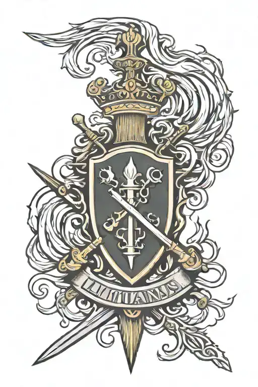 Lithuania Army Emblem With Sword Behind It With Flames