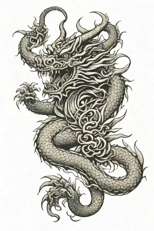 Chinese Dragon Wrapped In Polynesien Tribles Tattoo