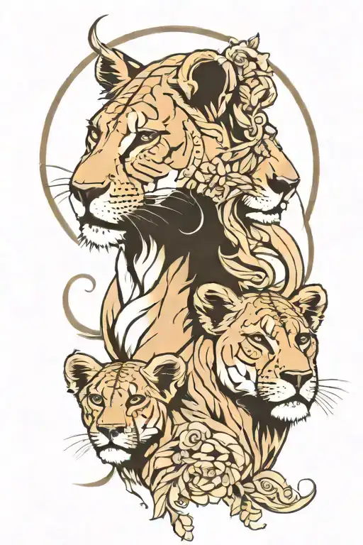Two Lioness With Cub With Crescent Moon And Boho Linework Design
