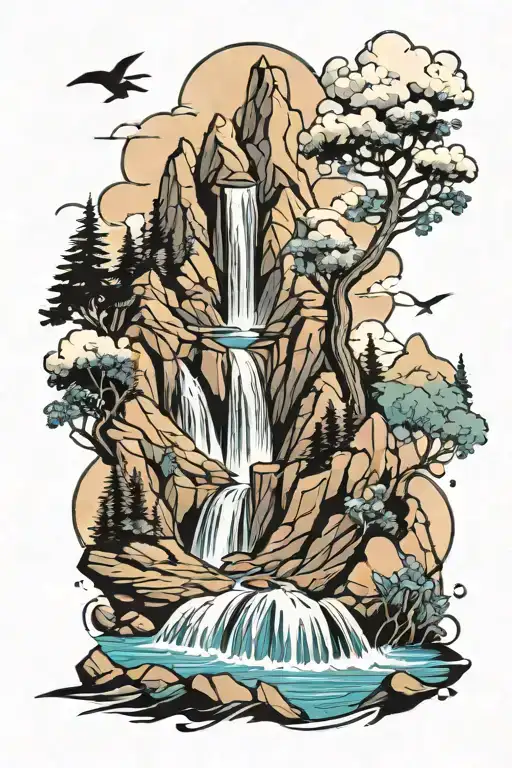 Mountain With Waterfall To Beach Scene