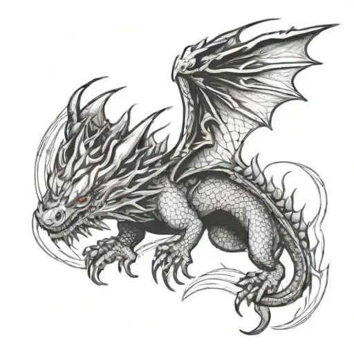 Dragon With Wings Tattoo Upper Thigh Black And White