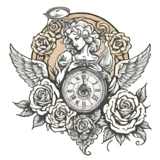 Guardian Angel Holding 2 Identical Pocket Watches Surrounded Bij Roses
