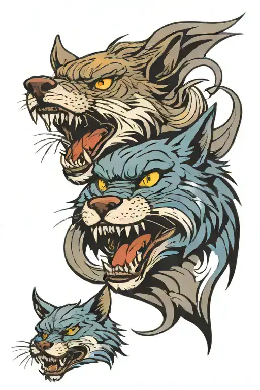 Cat Snarling Wolfs Facing Each Other