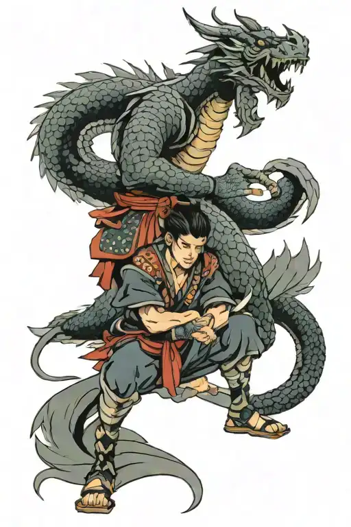 Samurai Warrior Kneeling Before A Dragon