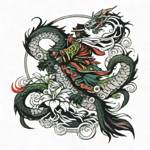 Samurai Riding A Dragon Through A Jungle