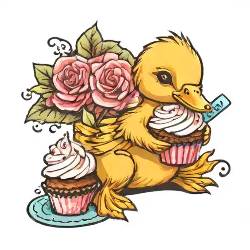 A Baby Duckling Holding A Cupcake Tattoo