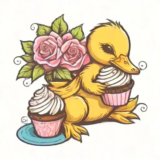 A Baby Duckling Holding A Cupcake Tattoo