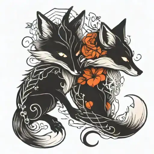 2 Foxes Their Tails Form A Heart One Of Them Is A Skeleton