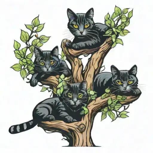 Three Cats Sitting In A Tree Of The Jungle