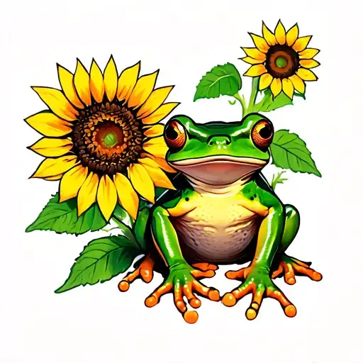 Whimsical Frog Sitting With Sunflower Growing