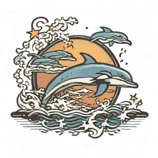 Dolphin Jumping In Moonlight Lake Scene With Stars