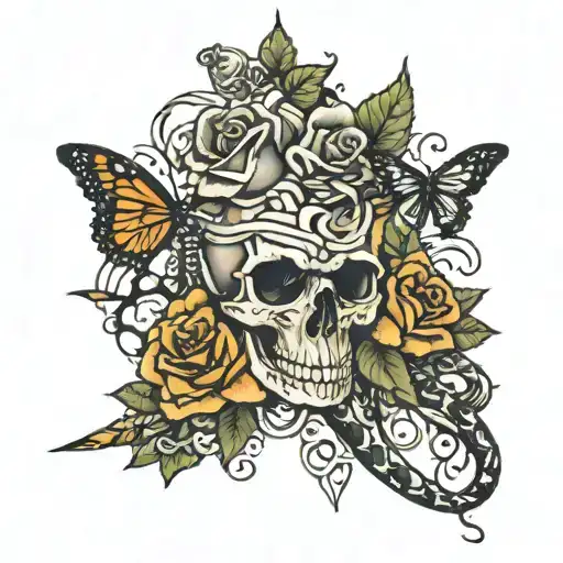 Dagger Rose Snake Intertwined With Butterflies And Skulls