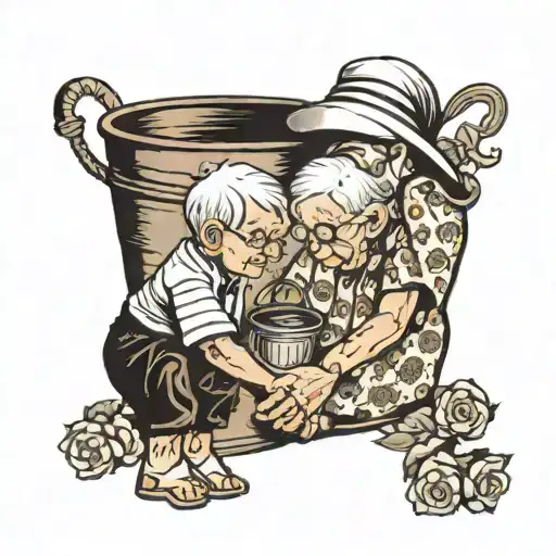 Grandma And Grandson Holding Hands With A Bucket
